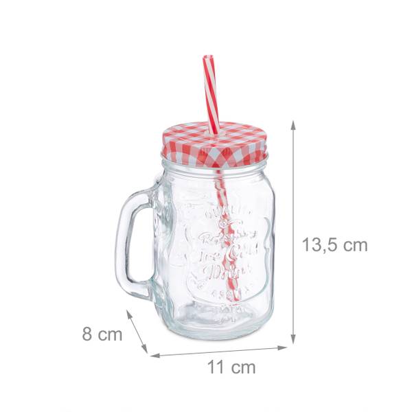 Relaxdays drinkglazen met handvat, set van 10, rietje en deksel, 450 ml, limonadeglazen, drinkopening, grijs