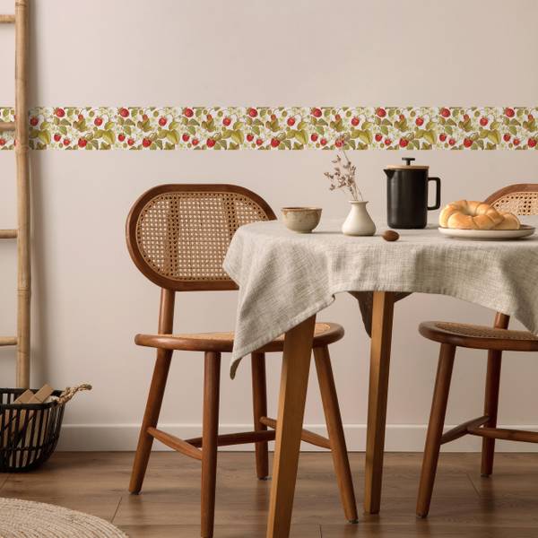 Behangrand AARDBEIEN Bladeren Bloemen groen - rood - wit - vlies - 10 x 300 x 300 cm