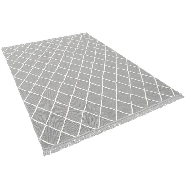 Teppich Beidseitig Ethno Kelim Rauten Grau - Weiß - Textil - 140 x 1 x 200 cm