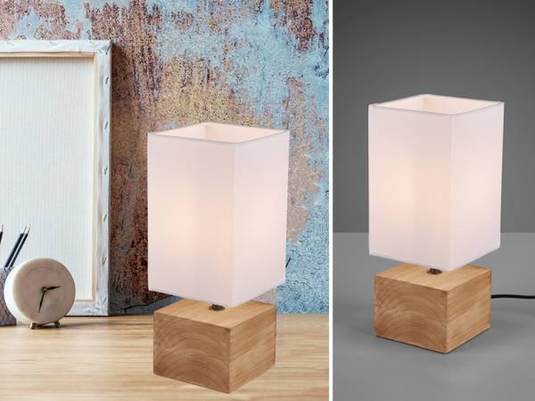 Tischleuchte Holzfuß, Stoffschirm Weiß Holz - Weiß