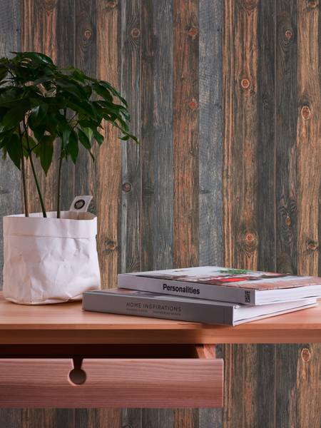 Tapete Holzdielen Braun Grau Beige - Braun - Grau - Fleece - 53 x 1005 x 1 cm