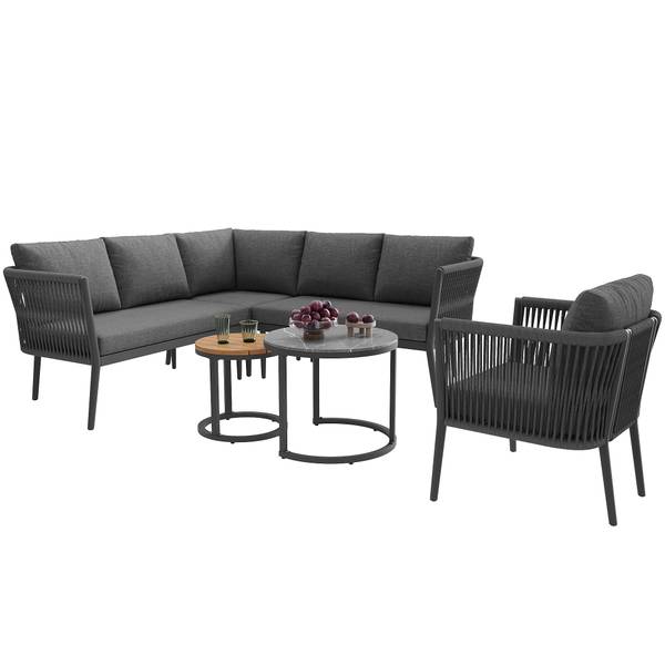 Set lounge jardin Gaia II (6-él.) Gris - Verre - Métal - Matière plastique - Textile - 176 x 75 x 176 cm
