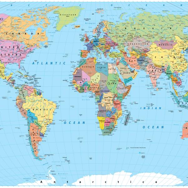 Vlies-Fotobehang Fysieke Wereldkaart 315 x 210 x 210 cm