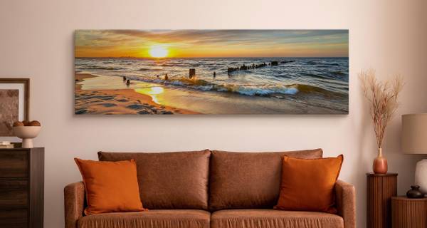 Tableau Coucher De Soleil Paysage 3D Beige - Orange - Jaune - Lin - 145 x 45 x 45 cm
