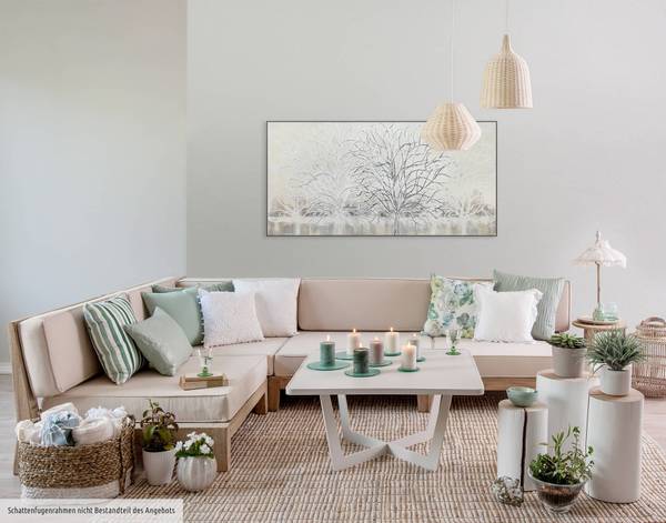 Tableau peint à la main Branche argentée Beige - Blanc - Coton - 120 x 60 x 4 cm