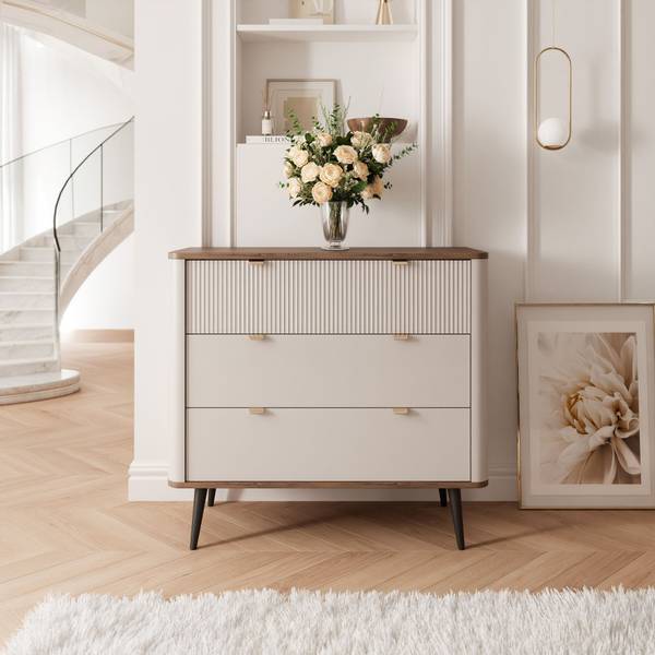 Kommode NAVANI 3S Creme - Cremeweiß - Walnuss