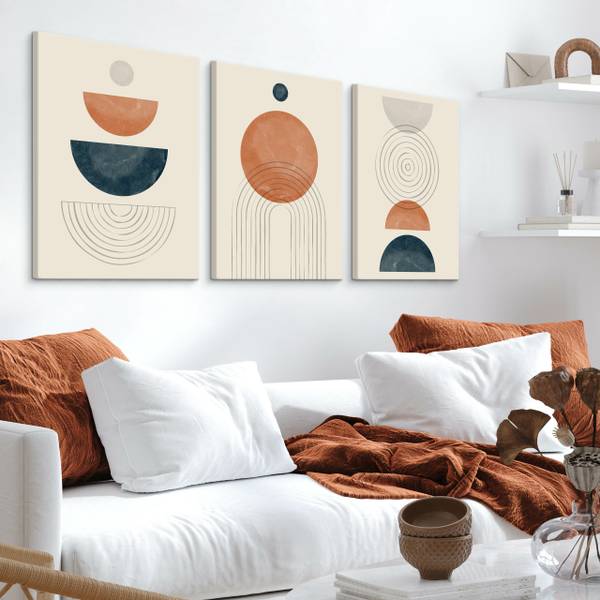 Leinwandbilder KREISE Boho 3-er Set Beige - Schwarz - Blau - Braun - Orange - Türkis - Leinen - 90 x 40 x 40 cm