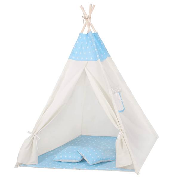 Kinderzelt Kinder Tipi 160x120x100cm Blau - Weiß - Naturfaser - Massivholz - 120 x 160 x 100 cm