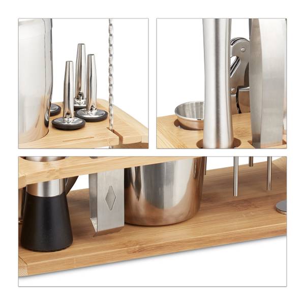 Cocktail Set 11-teilig Edelstahl Schwarz - Braun - Silber - Bambus - Metall - 28 x 26 x 11 cm
