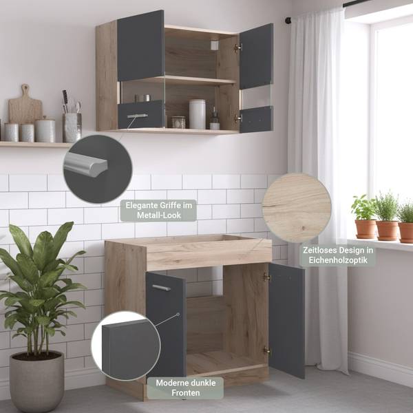 Coin cuisine sans plan de travail 2324 Anthracite - Marron - Gris - Imitation chêne - Bois