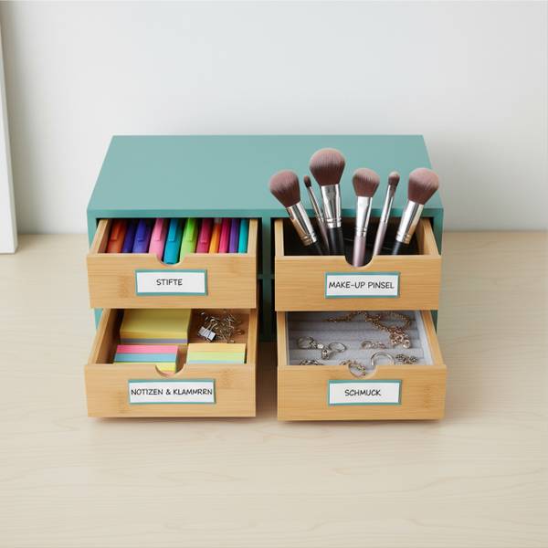 Schreibtisch Organizer 4 Schubladen Braun - Türkis - Bambus - Holzwerkstoff - 33 x 14 x 21 cm