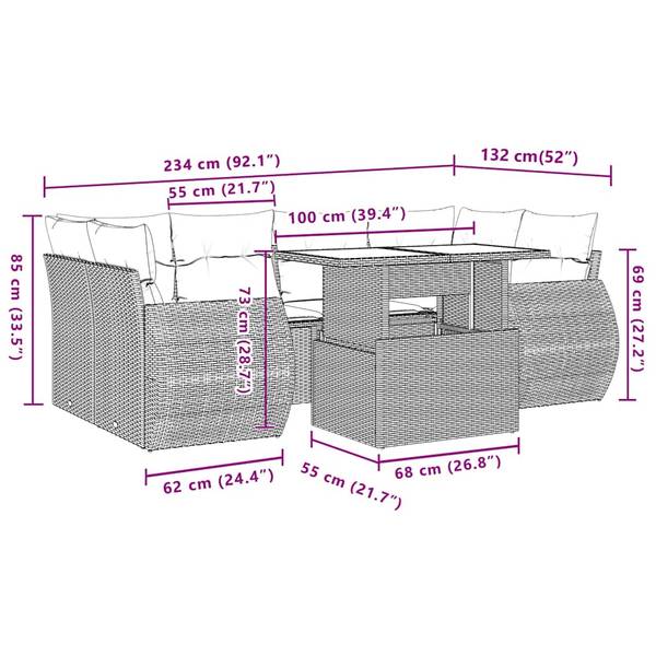 Garten-Lounge-Set 3036841-1 7-teilig Grau - Polyrattan - 62 x 69 x 62 cm