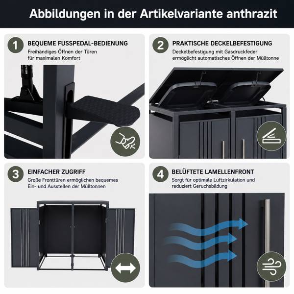 Mülltonnenverkleidung Q76 Grau - Stahl - 132 x 116 x 89 cm