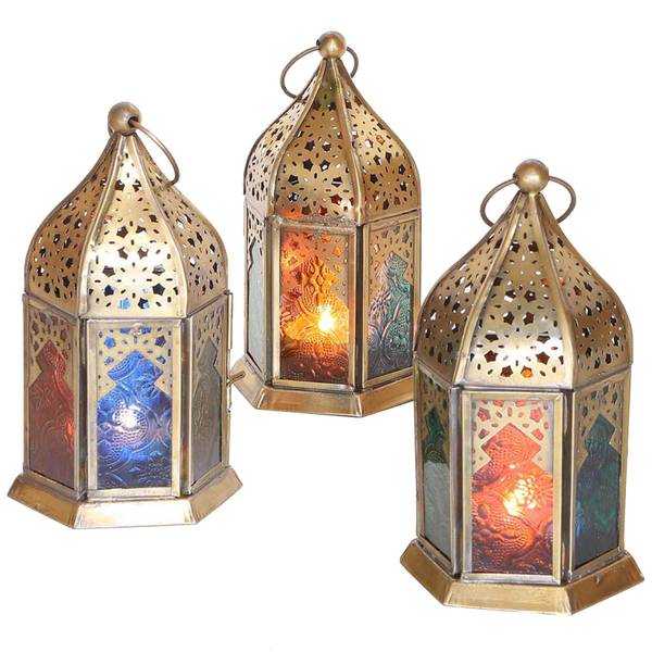 Windlichter Nael Multifarbig 3er Set Gold - Eisen - Farbglas - 8 x 16 x 8 cm