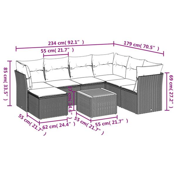 Garten-Lounge-Set 3035659-2 8-teilig Schwarz - Polyrattan - 62 x 69 x 62 cm