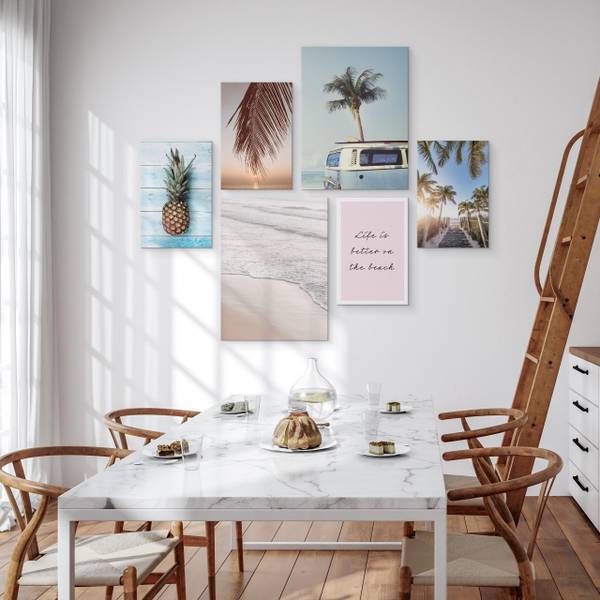 Set De Tableaux Mer Palmiers Nature 3D Beige - Bleu - Marron - Lin - 90 x 80 x 80 cm