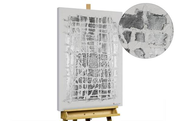 Acrylbild Handgemalt Geometrisch Fez Silber - Weiß - Baumwollstoff - 60 x 90 x 4 cm
