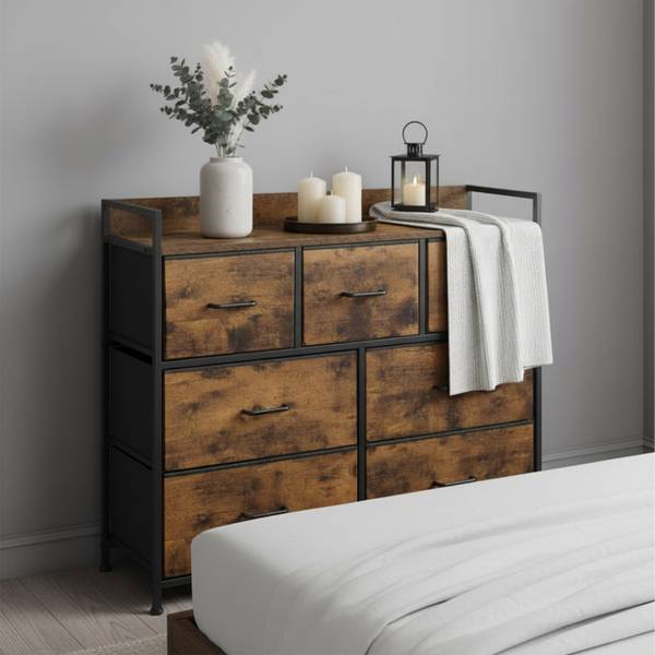 Ladekast met 7 stoffen lades zwart - bruin - ijzer - 85 x 98 x 29 cm