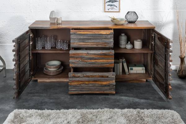Sideboard RELIEF Braun - Grau - Sheesham - 160 x 75 x 45 cm