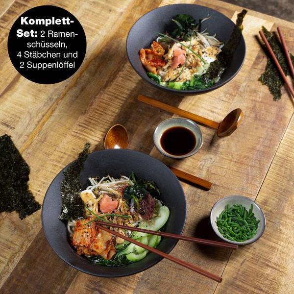 2x Ramen Schüssel aus Keramik Schwarz - Pinie - 14 x 17 x 24 cm