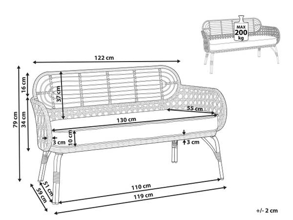 Banc PRATELLO Beige - Noir - Bleu - Gris - Polyrotin - 122 x 79 x 59 cm