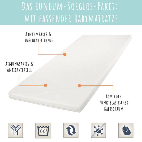 Babybett Leni mit Matratze ùnd Schublade Weiß - 70 x 84 x 140 cm