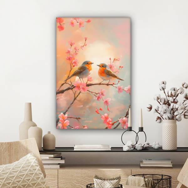 LEINWANDBILD Rotkehlchen Pink - Baumwollstoff - 60 x 90 x 2 cm