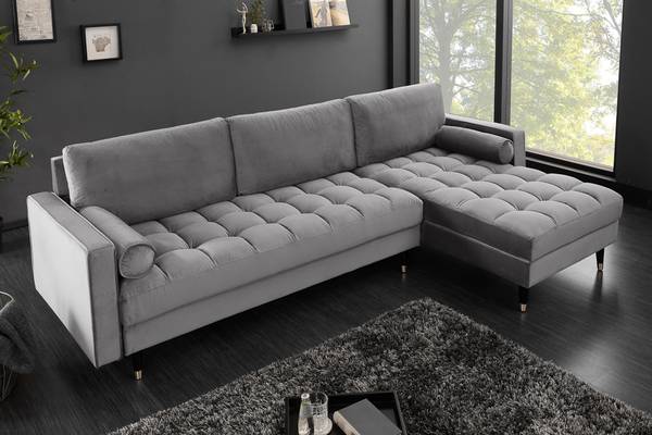 Ecksofa COZY VELVET Grau - Polyester - Samt - Eukalyptus - Gummibaum - 260 x 85 x 83 cm