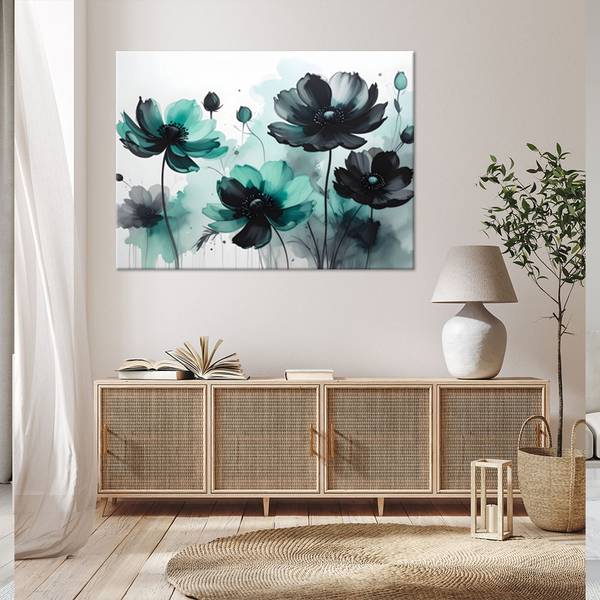 Wandbild Blumen Türkis - Polyester - 30 x 20 x 3 cm