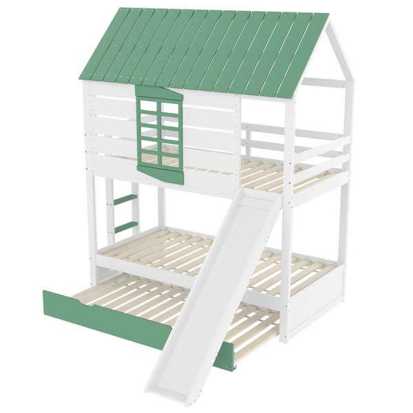 Lit superposé maison Uranus Ⅱ Vert - Blanc - Pin - 237 x 229 x 206 cm
