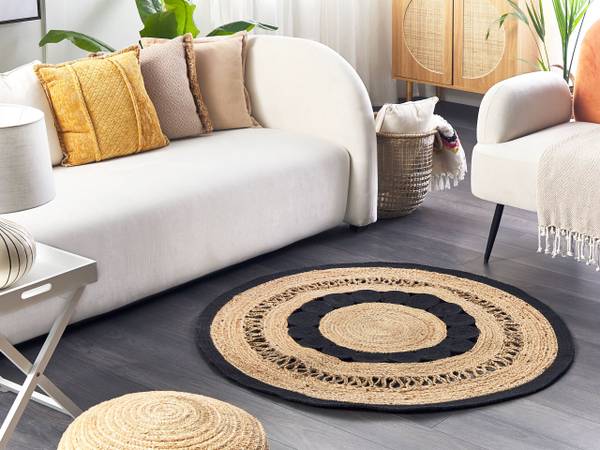 Teppich YOZGAT Beige - Schwarz - Naturfaser - 120 x 120 x 1 cm