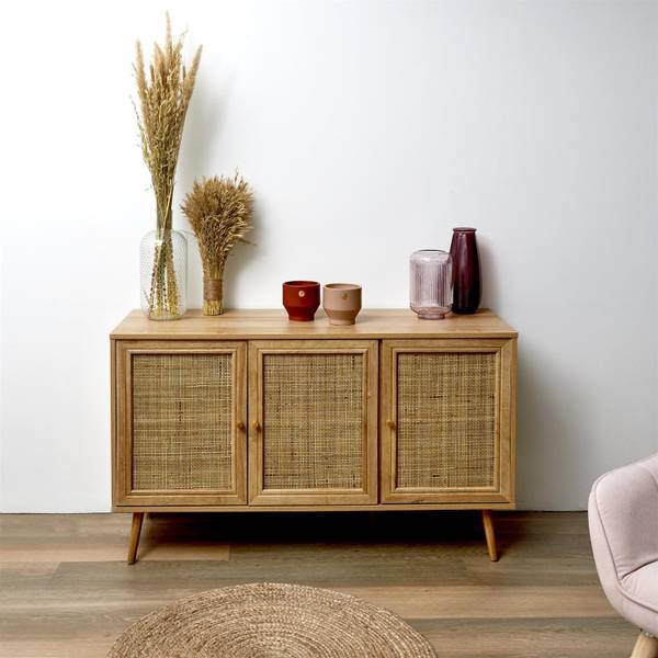 Kommode Tivo Beige - Rattan - Holz teilmassiv - 119 x 11 x 41 cm