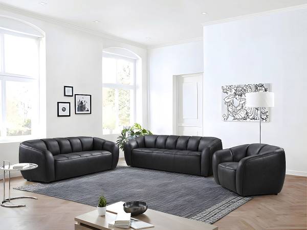 Couchgarnitur mit Sessel PRADONI 3er-Set Schwarz - Echtleder - 90 x 78 x 112 cm
