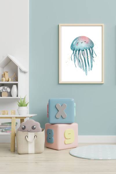Kinderbild mit blauer Qualle (40x30) Holzwerkstoff - Naturfaser - 2 x 33 x 43 cm