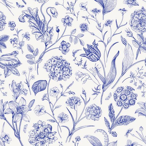 Papier Peint FLEURS Feuilles Plantes Beige - Bleu - Polaire - 53 x 1000 x 1000 cm