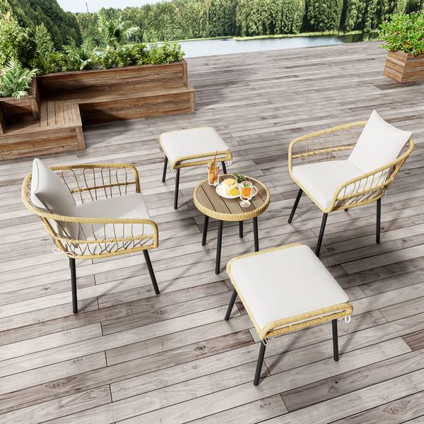 Balkonset Emilia (5-teilig) Beige - Holzwerkstoff - Metall - Polyrattan