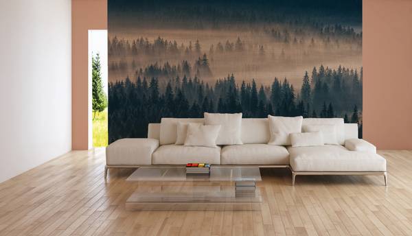 Fototapete Wald im Nebel Beige - Schwarz - Blau - Grau - Grün - Vinyl - 350 x 255 x 1 cm