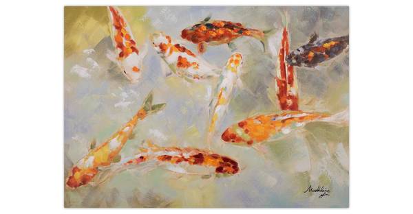 Acrylbild Handgemalt Fische Mad Baumwollstoff - 100 x 70 x 4 cm