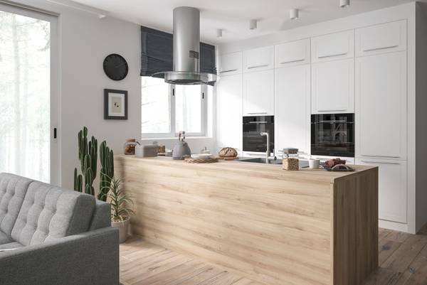 Küchenzeile KVANTUM A5 (Vollauszug) Weiß - Stahl - 304 x 243 x 60 cm