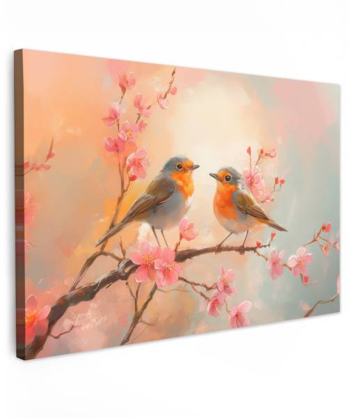 LEINWANDBILD Rotkehlchen Pink - Baumwollstoff - 120 x 80 x 2 cm