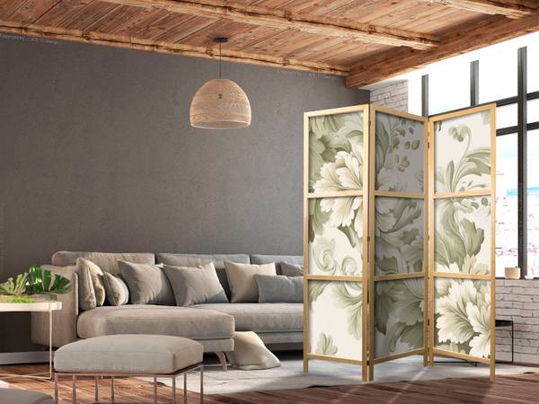 Paravent  Natur Pflanzen Blätter 3-tlg Beige - Grün - Weiß - Holzwerkstoff - Textil - 135 x 172 x 172 cm