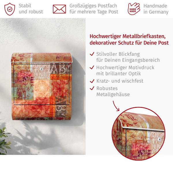 Briefkasten Schriftmuster Rot - Stahl - 39 x 46 x 13 cm