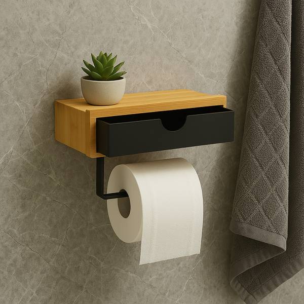 Bambus Toilettenpapierhalter mit Ablage Schwarz - Braun - Eisen - 19 x 13 x 11 cm