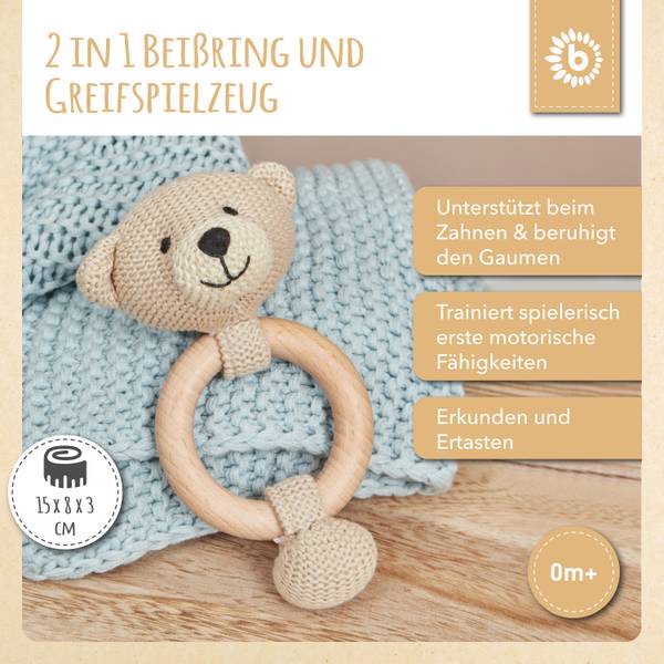 Greifling Holz Natur Gehäkelt Rassel Bär Beige - Textil - 8 x 4 x 14 cm
