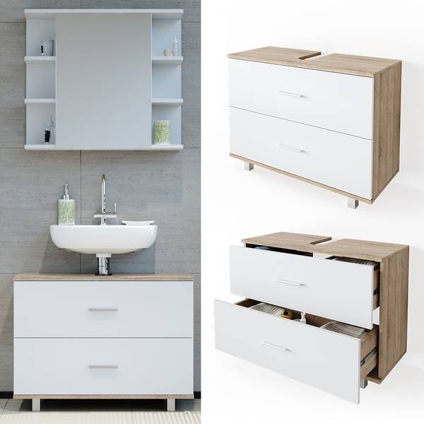 Waschbeckenunterschrank Ilias 34584 Reinweiß - Eiche Sonoma Dekor - Breite: 80 cm