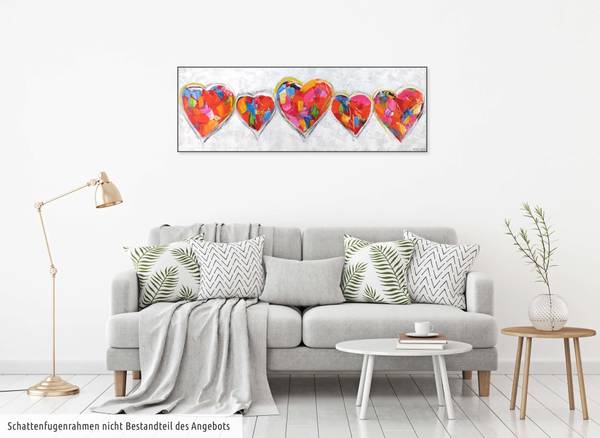 Acrylbild Handgemalt Herz Uv Grau - Baumwollstoff - 150 x 50 x 4 cm
