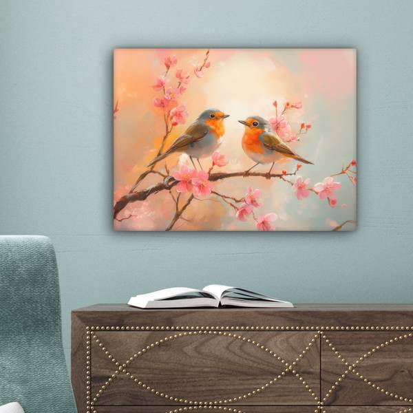 LEINWANDBILD Rotkehlchen Pink - Baumwollstoff - 40 x 30 x 2 cm