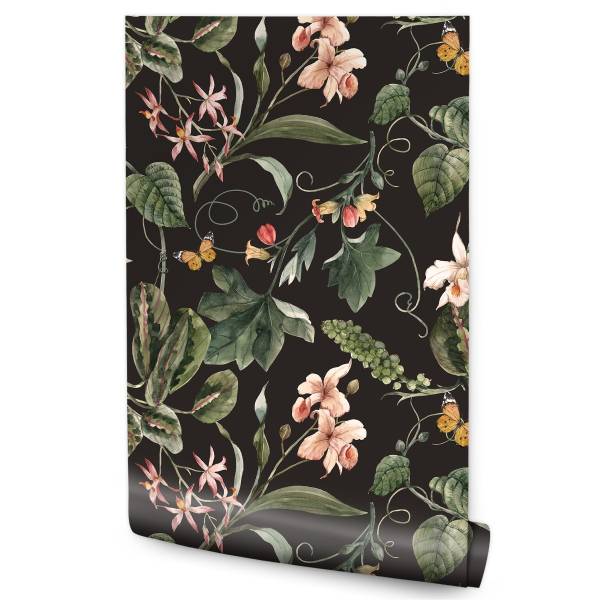 Tapete Aquarell BLÄTTER Blumen Natur Beige - Schwarz - Grün - Rot - Fleece - 53 x 1000 x 1000 cm