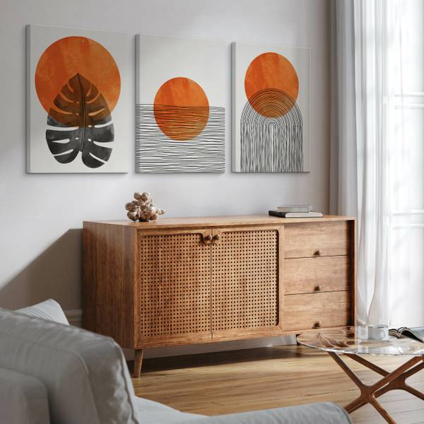 Leinwandbilder BLÄTTER Boho 3-er Set Beige - Schwarz - Orange - Leinen - 90 x 40 x 40 cm