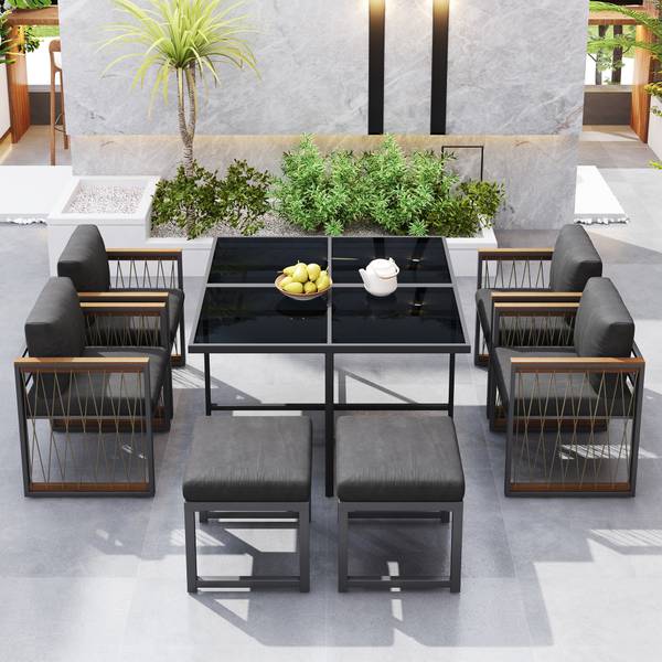 Gartenmöbelset Hephaestus 7-tlg Schwarz - Braun - Polyester - Webstoff - Akazie - Eisen - 158 x 74 x 230 cm